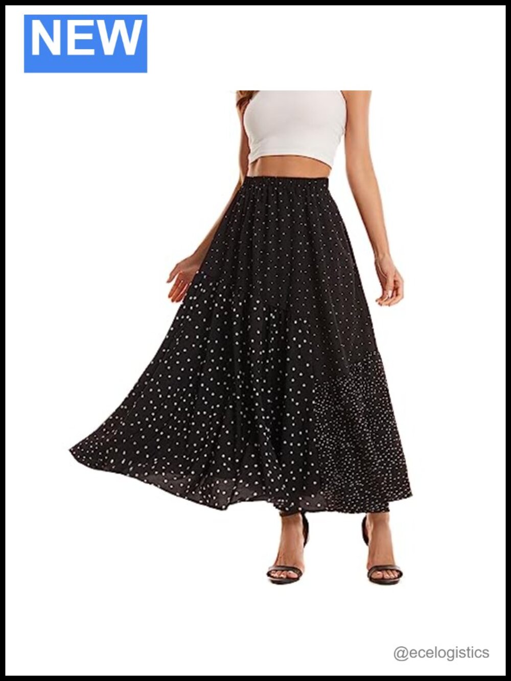 Polka Dot Print Swing Midi Skirt Elastic Waistband Full Circle